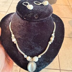 Avon Silver-Tone Moonstone-Look Pendant Necklace and Matching Earrings